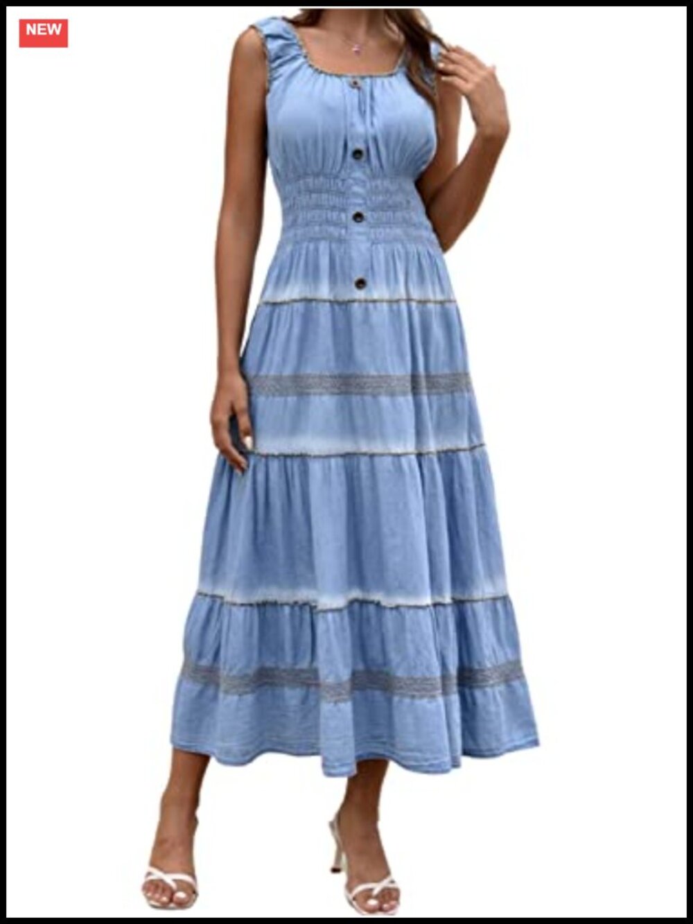 100% Cotton Denim Maxi Dress Sleeveless A-Line Embroidery Long Sundress - Picture 1 of 6